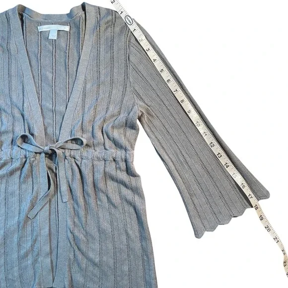 Vintage Gray Ribbed Knit Tie Waist Scalloped Hem Cardigan Sweater Small Y2K 90s - Picture 15 of 16
